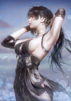 1girl absurdres arm_up armpits artist_name black_dress black_hair black_shorts breasts commentary cowboy_shot cross-laced_clothes cross-laced_dress dress earrings elbow_pads english_commentary female_rover_(wuthering_waves) hair_ribbon highres jewelry long_hair low_ponytail medium_breasts parted_lips ponytail ribbon rover_(wuthering_waves) shorts solo triangle_earrings ui_uiiiiiiiii wuthering_waves yellow_eyes yellow_ribbon