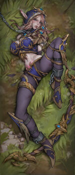 absurdres bdsm blush bondage bound commentary_request forced_orgasm gdhs highres looking_at_viewer orgasm original pubic_tattoo pubic_tattoo_through_clothing rape restrained shibari solo stationary_restraints sylvanas_windrunner tattoo thighs