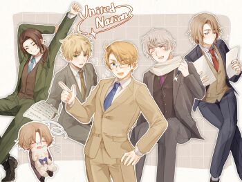 6+boys ahoge america_(hetalia) arms_up axis_powers_hetalia black_jacket black_pants black_shoes black_vest blonde_hair blue_eyes blue_necktie blush border breast_pocket brothers brown_hair brown_jacket brown_necktie brown_pants brown_vest buttons canada_(hetalia) checkered_background chibi chibi_inset china_(hetalia) clenched_hand closed_eyes closed_mouth collared_shirt commentary_request cowboy_shot crossed_legs english_text formal_clothes france_(hetalia) full_body glasses green_eyes green_jacket green_pants grey-framed_eyewear grey_background grey_hair grey_jacket grey_pants grey_shirt hair_between_eyes half-closed_eyes hand_on_own_hip hands_up harutoro_39487 highres holding holding_paper holding_pen holding_stuffed_toy index_finger_raised jacket lapels long_hair long_sleeves looking_at_object looking_at_viewer low_ponytail male_focus multiple_boys musical_note necktie notice_lines one_eye_closed open_clothes open_jacket open_mouth outside_border pants paper parted_bangs pen pocket ponytail purple_necktie red_necktie russia_(hetalia) scarf semi-rimless_eyewear shirt shoes short_hair siblings sidelocks sitting smile socks sparkle standing striped_clothes striped_shirt stuffed_animal stuffed_toy suit suit_jacket teddy_bear united_kingdom_(hetalia) vest white_border white_scarf white_shirt white_socks