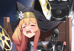 1futa 1girl animal_ear_headwear animal_ears bdsm black_leotard black_veil blue_archive blush bondage bound bound_wrists breasts clothed_sex coif fake_animal_ears flower from_behind futa_with_female futanari gloved_sleeves halo hiememiko highres humping implied_futanari justina_follower_(blue_archive) latex latex_leotard latex_thighhighs leotard mari_(blue_archive) medium_breasts nun orange_hair pillory restrained sex sex_from_behind stationary_restraints thighhighs veil yellow_halo
