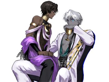 2boys arjuna_(celebratory_attire)_(fate) arjuna_(fate) black_eyes black_hair blue_eyes blush choker colored_sclera colored_skin commentary_request cup dark-skinned_male dark_skin earrings facial_mark fate/grand_order fate_(series) father_and_son feet_out_of_frame grey_skin ha_yogurt highres holding holding_cup hoop_earrings indra_(celebratory_attire)_(fate) indra_(fate) jacket jewelry lightning_bolt_facial_mark lightning_bolt_symbol long_sleeves looking_at_viewer male_focus multiple_boys necklace pants parted_bangs shawl shirt short_hair simple_background sitting sitting_on_lap sitting_on_person sleeveless wavy_hair white_background white_hair