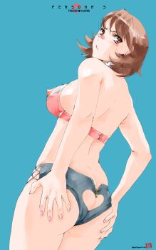 1girl ass ass_cutout bra breasts brown_eyes brown_hair butt_crack choker clothing_cutout gluteal_fold grabbing_own_ass heart heart_choker heart_cutout highres looking_back nail_polish nipples persona persona_3 pink_nails revealing_clothes short_shorts shorts solo takeba_yukari underwear zipper