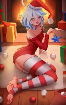 1girl absurdres ass commentary feet furina_(genshin_impact) genshin_impact highres legs long_legs looking_at_viewer no_shoes puppnett short_hair sitting soles solo stirrup_legwear toeless_legwear toes