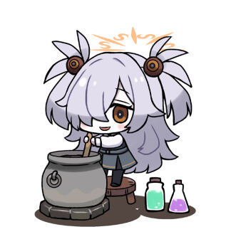 blue_archive blush brown_eyes brown_halo cauldron chibi chibi_only collared_shirt cork dress eyelashes flask green_dress green_liquid hair_ornament hair_over_one_eye halo holding holding_ladle jar kanoe_(blue_archive) ladle long_hair pinafore_dress potion purple_liquid rikaon shirt sleeveless sleeveless_dress smile stirring stool very_long_hair white_background white_hair white_shirt