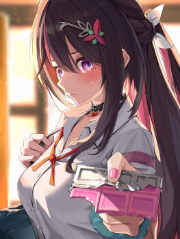 Rule 34 | 1girl, alternate costume, asymmetrical sidelocks, azki (hololive), bag, belt collar, black collar, black hair, blue scrunchie, blush, braid, breasts, buttons, candy, chocolate, chocolate bar, collar, colored inner hair, commentary request, double-parted bangs, embarrassed, food, frilled sleeves, frills, gyaru, hair between eyes, hair ornament, hairclip, half up half down braid, handbag, heart pendant, highres, holding, holding candy, holding food, hololive, incoming food, long hair, looking at viewer, loose neck ribbon, medium breasts, mole, mole under eye, multicolored hair, nail polish, neck ribbon, nervous sweating, overexposure, pink hair, pink nails, pink streaks, ponytail, purple eyes, ribbon, scrunchie, shara (syara so ju), shirt, short ponytail, sidelighting, sidelocks, solo, strawberry chocolate, streaked hair, sunset, sweat, twilight, valentine, very long hair, virtual youtuber, white shirt, white streaks, wrist scrunchie, yellow background