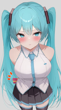Rule 34 | 1girl, absurdres, alternate breast size (larger), aqua eyes, aqua hair, aqua necktie, aqua trim, arms behind back, bare shoulders, black skirt, blush, box, closed mouth, collared shirt, commentary request, eikawa suru, embarrassed, gift, gift box, grey background, hatsune miku, highres, long hair, looking at viewer, miniskirt, necktie, pleated skirt, shirt, simple background, skirt, sleeveless, sleeveless shirt, solo, sweat, thighhighs, tie clip, twintails, valentine, very long hair, vocaloid, white shirt, zettai ryouiki