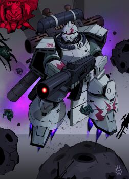 absurdres adeptus_astartes alpha_legion armor artist_logo asteroid beam_rifle chipped_paint commentary corpse crossover cut-in cyclops energy_gun english_commentary exhaust_pipe fire gelgoog glowing_gun_barrel gradient_background grey_background gun gundam highres holding holding_gun holding_weapon laser_cannon lightning_bolt_print lightning_bolt_symbol logo mecha mecha_focus meteor mobile_suit mono-eye one-eyed pauldrons pink_eyes power_armor purple_fire red_light robot roman_numeral science_fiction shadow shoulder_armor space thrusters tube vernier_thrusters warhammer_40k weapon white_armor white_scars wolfdawg_art zero_gravity