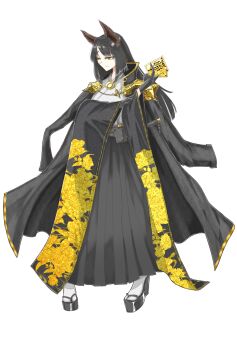 Rule 34 | 1girl, absurdres, animal ears, belt pouch, black gloves, black hair, black sandals, card, gloves, highres, holding, holding card, jewelry, knife, long hair, mole, mole under eye, nama tamago, necklace, platform sandals, pouch, sandals, socks, solo, sword world, sword world 2.0, white socks, wide sleeves, yellow eyes