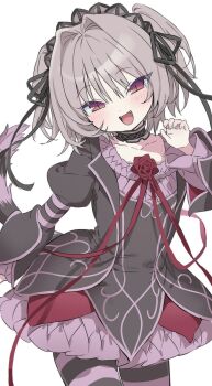 Rule 34 | 1girl, :d, artist request, black dress, brooch, cat tail, choker, commission, dress, fangs, flower, flower brooch, frilled dress, frills, grey hair, hair intakes, hair ribbon, hapymaher, headdress, highres, jewelry, juliet sleeves, long sleeves, looking at viewer, naitou maia, open mouth, pantyhose, puffy sleeves, red flower, red rose, ribbon, rose, second-party source, short hair, simple background, slit pupils, smile, solo, striped clothes, striped pantyhose, tail, tsurime, two side up, white background