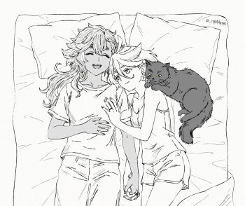 2girls camisole cat closed_eyes closed_mouth commentary english_commentary fanfiction_available from_above greyscale gundam gundam_suisei_no_majo hand_on_another&#039;s_chest hanna_nagata highres holding_hands interlocked_fingers jewelry long_hair miorine_rembran monochrome multiple_girls on_bed open_mouth pants pillow ring shorts smile spot_color suletta_mercury thick_eyebrows twitter_username wedding_ring wife_and_wife yuri