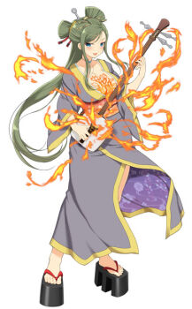 blue_eyes blue_gem breast_tattoo breasts choker cleavage collarbone datehyogo fire flame_tattoo floral_print floral_print_kimono flower_tattoo fuga_(senran_kagura) game_cg gem green_hair grey_kimono hair_ornament holding holding_instrument holding_plectrum instrument japanese_clothes jewelry kanzashi kimono kunai kunai_hair_ornament large_breasts lipstick long_hair looking_at_viewer makeup mole mole_under_eye necklace official_alternate_costume official_art okobo open_mouth parted_lips platform_clogs platform_sandals plectrum print_kimono pyrokinesis red_lips sandals senran_kagura senran_kagura_new_wave shamisen sidelocks smile standing swept_bangs tattoo weapon yellow_trim