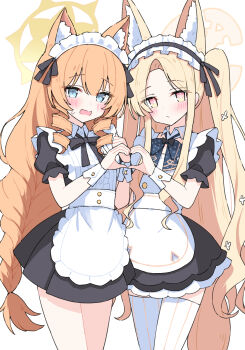 Rule 34 | 2girls, alternate costume, alternate hairstyle, animal ear fluff, animal ears, apron, black dress, black ribbon, blonde hair, blue archive, blue bow, blue eyes, blush, bow, cat ears, cat girl, closed mouth, detached collar, dress, extra ears, forehead, fox ears, fox girl, fox tail, hair between eyes, hair ribbon, halo, heart, heart hands, heart hands duo, highres, long braid, maid, maid apron, maid headdress, mari (blue archive), multiple girls, open mouth, orange hair, pink eyes, puffy short sleeves, puffy sleeves, ribbon, sateto (user knrf2332), seia (blue archive), short sleeves, sweatdrop, tail, thighhighs, two side up, white thighhighs, yellow halo
