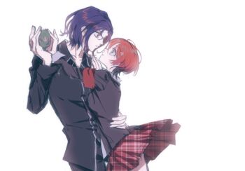 1boy 1girl amate_yuzuriha aqua_eyes blue_hair breasts closed_mouth collared_shirt colored_inner_hair couple eye_contact gundam gundam_gquuuuuux hetero highres holding hug kumo_(sharonyann86798) long_sleeves looking_at_another multicolored_hair open_mouth purple_hair red_eyes red_hair school_uniform shirt short_hair shuji_ito simple_background skirt two-tone_hair white_background