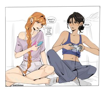 2girls black_eyes black_hair blue_bra blue_eyes bra bra_strap braid controller dildo earrings english_text freckles game_controller grey_pants grey_socks hair_over_shoulder highres holding holding_controller holding_game_controller holding_sex_toy jewelry mole mole_under_mouth multiple_girls orange_hair original pants playstation_controller seijousai selin_(seijousai) sex_toy shirt shorts single_braid sitting socks sweatpants tori_(seijousai) underwear white_shorts