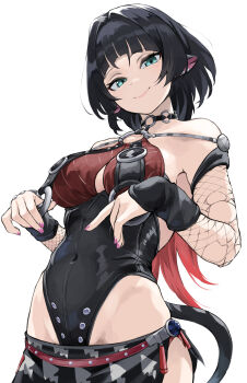 1girl absurdres animal_ears black_hair black_one-piece_swimsuit black_sarong breasts commentary_request covered_navel fengling_(furin-jp) fishnet_sleeves fishnets green_eyes highres jane_doe_(nocturne_of_light)_(zenless_zone_zero) jane_doe_(zenless_zone_zero) large_breasts long_hair looking_at_viewer mouse_ears mouse_girl mouse_tail multicolored_hair official_alternate_costume one-piece_swimsuit red_hair revision sarong simple_background smile solo swimsuit tail two-tone_hair very_long_hair white_background zenless_zone_zero