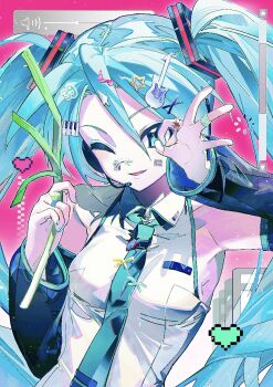 1girl 39 aqua_eyes aqua_hair bandaid bandaid_on_face bandaid_on_nose bare_shoulders beret_cj blue_eyes blue_hair blue_necktie blush cursor_hair_ornament detached_sleeves eighth_note fortissimo gem green_gemstone hair_between_eyes hair_ornament hairclip hatsune_miku heart instrument_hair_ornament jewelry long_hair looking_at_viewer musical_note musical_note_hair_ornament necktie number_hair_ornament ok_sign open_mouth piano_hair_ornament pink_background ring shirt simple_background smile solo spring_onion star_(symbol) star_hair_ornament sticker sticker_on_face twintails upper_body user_interface very_long_hair vocaloid white_shirt