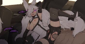 1boy 2girls aio_fuwamiya_(shuuko) anger_vein animal_ears arm_behind_head arm_up armpits boots breasts breasts_out car clothed_female_nude_male elbow_gloves english_text fingerless_gloves fox_ears fox_girl fox_tail gloves glowing glowing_eyes hair_ornament hair_over_one_eye heart hetero high_heel_boots high_heels highres indoors leg_up lying mcdonald's motor_vehicle multiple_girls nipples nude on_side open_mouth penis pmc_promiscuity purple_eyes pussy sex shizu_fuwamiya_(shuuko) short_hair shuuko_(s_h_uuko) siblings sisters small_breasts solo_focus speech_bubble spread_legs tail teeth thighhighs torn_clothes upper_teeth_only vaginal white_hair zettai_ryouiki