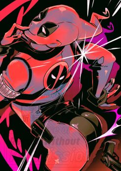 1boy ass black_bodysuit black_trim bodysuit character_logo chico0619 cowboy_shot deadpool deadpool_(series) gloves gun highres jacket looking_at_viewer looking_back male_focus marvel marvel_rivals multicolored_bodysuit no_pupils red_bodysuit red_gloves red_jacket red_mask smile solo sparkle superhero_costume translation_request two-tone_bodysuit weapon