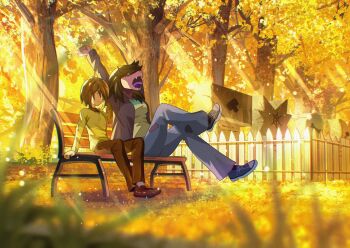 1girl 1other autumn blue_pants blue_shoes brown_hair brown_pants brown_shoes colored_skin colored_tongue deltarune fangs fence furry furry_female grass green_shirt highres jacket kris_(deltarune) light_rays open_clothes open_jacket outdoors outstretched_arm pants purple_skin purple_tongue red_eyes shirt shoes short_hair sunbeam sunlight susie_(deltarune) tombstone torn_clothes torn_pants undershirt utdr_(toby_fox) valve_core wooden_fence yawning yellow_shirt