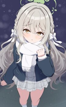 1girl adapted_costume arm_at_side blue_archive blush bow braid clenched_hands commentary eyelashes feet_out_of_frame foreshortening fringe_trim furrowed_brow green_halo green_jacket grey_skirt hair_between_eyes hair_bow hair_intakes hair_ribbon halo highres jacket kneehighs long_hair long_sleeves looking_at_viewer miniskirt miyo_(blue_archive) night nuuuukoame open_clothes open_jacket open_mouth outdoors plaid_clothes plaid_skirt pleated_skirt pov ribbon ribbon_braid scarf school_uniform shirt shy side_braids sidelocks skirt snowing socks solo standing twin_braids very_long_hair white_bow white_ribbon white_scarf white_shirt white_socks winter yellow_eyes