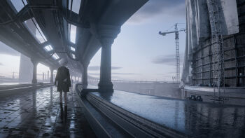 1girl 3d_background absurdres black_ribbon blue_sky book boots cloud coat condensation crane_(machine) day highres holding holding_book m._(emudotto) neck_ribbon original outdoors ribbon scenery shirt short_hair sky standing walking water white_hair