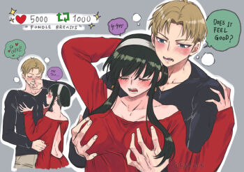 1boy 1girl black_hair blush breasts cleavage closed_eyes couple dress english_text grabbing_another&#039;s_breast grabbing_from_behind groping heart hetero highres holding jewelry long_hair nipple_stimulation open_mouth rusky shirt spy_x_family