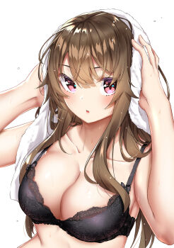1girl black_bra bra breasts brown_hair cleavage commentary_request drying drying_hair drying_own_hair harumachi_hashira highres holding holding_towel lace lace-trimmed_bra lace_trim large_breasts parted_lips pink_eyes sahara386 sex_and_dungeon simple_background solo towel underwear upper_body white_background