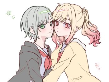 Rule 34 | 2girls, :t, blonde hair, blush, breasts, cardigan, cheek-to-cheek, cheek press, closed mouth, commentary request, from side, gradient hair, green eyes, grey hair, grey jacket, grey shirt, heads together, heart, highres, hinomori shiho, hood, hood down, hooded jacket, jacket, long sidelocks, long sleeves, looking at viewer, medium hair, miyamasuzaka girls' academy school uniform, multicolored hair, multiple girls, neckerchief, pink eyes, pink hair, project sekai, red neckerchief, sailor collar, school uniform, shirt, short hair, sidelocks, simple background, small breasts, smile, star (symbol), suiu (ai gp), swept bangs, tenma saki, turning head, twintails, two-tone hair, upper body, white background, white sailor collar, yellow cardigan, yuri