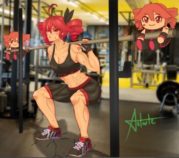 Rule 34 | 1girl, abs, adidas, ahoge, astartefrost, barbell, black gloves, black ribbon, black shorts, black sports bra, breasts, character doll, cleavage, commentary, doll, drill hair, english commentary, fatass teto (meme), fingerless gloves, gloves, hair ribbon, highres, kasane teto, kasane teto (utau), meme, midriff, muscular, muscular female, photo background, red eyes, red hair, ribbon, shoes, shorts, sneakers, solo, sports bra, squat (exercise), twin drills, twintails, utau