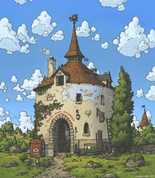 architecture artist_name aurumek blue_sky building chimney cloud dated day flag grass highres ladder no_humans original outdoors path plant post_office potted_plant road rock sign sky smoke tower tree vines wagon_wheel wide_shot