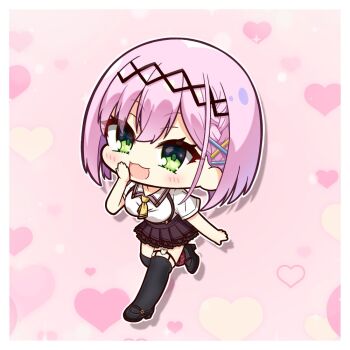 Rule 34 | 1girl, :3, :d, aoniku yaris, black hairband, black shoes, black thighhighs, blush, bob cut, border, breasts, brown skirt, chibi, chibi only, collared shirt, commentary request, eyelashes, eyes visible through hair, frilled skirt, frills, full body, green eyes, hair between eyes, hairband, hand up, heart, heart in eye, heart o-ring, large breasts, looking at viewer, mary janes, medium hair, mizuka academy school uniform, o-ring, o-ring thigh strap, open mouth, outline, pink background, pink hair, pleated skirt, school uniform, shirt, shoes, short sleeves, simple background, skirt, smile, solo, suspender skirt, suspenders, symbol in eye, tanikaze amane, tenshi souzou re-boot!, thigh strap, thighhighs, walking, white border, white outline, white shirt, zettai ryouiki