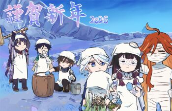 Rule 34 | 2026, 2boys, 5girls, bandaged hand, bandages, black hair, blue eyes, blue hair, closed eyes, closed mouth, columbina (genshin impact), commentary request, furina (genshin impact), genshin impact, green eyes, green hair, hair between eyes, highres, long hair, long hair between eyes, mallet, mavuika (genshin impact), mochitsuki, mortar (bowl), multicolored hair, multiple boys, multiple girls, nahida (genshin impact), purple eyes, purple hair, raiden shogun, red eyes, red hair, smile, squatting, standing, trembling, two-tone hair, venti (genshin impact), white hair, xinzoruo, zhongli (genshin impact)