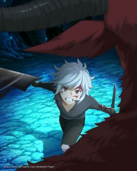 Rule 34 | 1boy, asymmetrical dual wielding, bell cranel, black gloves, black pants, black shirt, blood, blood on clothes, blood on face, cave interior, clenched teeth, commentary, copyright notice, cow horns, danmachi battle chronicle, dual wielding, dungeon ni deai wo motomeru no wa machigatteiru darou ka, english commentary, gloves, greatsword, highres, holding, holding knife, holding sword, holding weapon, horns, knife, male focus, minotaur, official art, pants, red eyes, red fur, second-party source, shirt, short hair, swinging weapon, sword, teeth, weapon, white hair