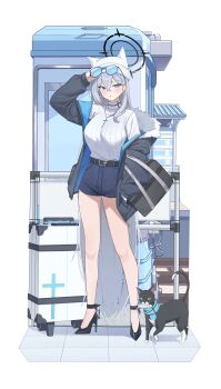 1girl absurdres animal_ear_headwear ankle_ribbon bad_id bad_twitter_id bag belt black_halo black_shoes blue_archive blue_eyes blue_jacket blue_pants breasts cat cross cross_hair_ornament cross_necklace crossed_bangs eyewear_on_head fake_animal_ears fish full_body fur-trimmed_jacket fur_trim glasses grey_hair hair_between_eyes hair_ornament halo hat high_heels highres jacket jacket_partially_removed jewelry large_breasts leg_ribbon looking_at_viewer mismatched_pupils necklace open_clothes open_jacket pang-yo pants ribbed_sweater ribbon rolling_suitcase school_bag shiroko_terror_(blue_archive) shoes short_shorts shorts simple_background solo standing suitcase sweater train_station turtleneck turtleneck_sweater white_background white_hat