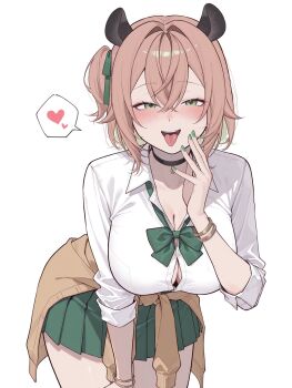 1girl alternate_costume animal_ears black_choker bow bowtie bracelet breasts brown_cardigan brown_hair button_gap cardigan cardigan_around_waist choker cleavage clothes_around_waist collared_shirt colored_inner_hair commentary cowboy_shot crossed_bangs english_commentary fingernails green_bow green_bowtie green_eyes green_hair green_nails green_ribbon green_skirt gyaru hair_between_eyes hair_intakes hair_ribbon hand_up heart highres indie_virtual_youtuber jewelry kogal large_breasts leaning_forward light_blush long_sleeves looking_at_viewer loose_bowtie medium_hair miniskirt multicolored_hair nail_polish nimi_nightmare one_side_up open_collar open_mouth pleated_skirt raliele_(terenazal) ribbon school_uniform shirt simple_background skirt sleeves_rolled_up smile solo speech_bubble spoken_heart tapir_ears tapir_girl teeth thighs tongue tongue_out two-tone_hair upper_teeth_only virtual_youtuber white_background white_shirt