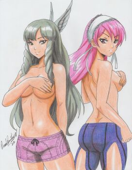 2girls absurdres ass back bare_back breasts cherche_(fire_emblem) covering_breasts covering_privates fire_emblem fire_emblem_awakening grey_eyes grey_hair highres large_breasts long_hair looking_at_viewer looking_back multiple_girls nintendo pink_eyes pink_hair ravernclouk_design shorts sumia_(fire_emblem) thighs third-party_source topless_female very_long_hair