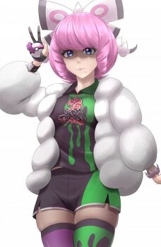 1girl bow bracelet breasts collared_shirt drill_hair drill_sidelocks dynamax_band eyeshadow flipped_hair fur_jacket hair_bow hairband hand_up hiby holding holding_poke_ball jacket jewelry klara_(pokemon) love_ball makeup medium_breasts midriff_peek mole mole_under_mouth multicolored_thighhighs nintendo pink_eyeshadow pink_hair pink_lips poke_ball pokemon pokemon_swsh print_shirt print_shorts purple_eyes shaded_face shirt short_hair shorts side_slit side_slit_shorts sidelocks smile solo third-party_source two-tone_shirt two-tone_shorts two-tone_thighhighs v white_bow white_hairband