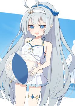 1girl ahoge ball beachball bikini blue_eyes commentary_request elumina1213 female_tyrant_(stella_sora) grey_hair hairband highres holding holding_ball holding_beachball long_hair partial_commentary pointy_ears solo stella_sora swimsuit tyrant_(stella_sora) very_long_hair white_bikini