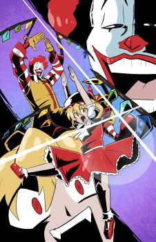 1boy 1girl absurdres blonde_hair clown commentary crossover crystal_wings deputy_rust english_commentary flandre_scarlet hat highres mcdonald&#039;s purple_background ran_ran_ru red_eyes red_shorts red_skirt ronald_mcdonald shorts skirt touhou white_hat wings