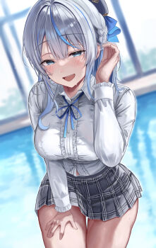 1girl :d absurdres amagai_ruka beret blue_eyes blue_streaks blurry blurry_background blush braid breasts button_gap center_frills commentary_request cowboy_shot dress_shirt frilled_shirt frills grey_hair hand_on_own_thigh hand_up hat highres indoors large_breasts long_sleeves looking_at_viewer miniskirt multicolored_hair neck_ribbon open_mouth plaid_clothes plaid_skirt rei_no_pool ribbon shirt shirt_tucked_in skirt smile solo streaked_hair teeth thigh_strap tilted_headwear upper_teeth_only virtual_youtuber weather_planet white_shirt ya_ta