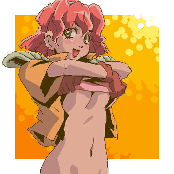 breasts clothes_lift f-zero f-zero_falcon_densetsu green_eyes happy liberty_lucy lowres nintendo no_panties no_pants oekaki pink_hair ribati_ruushii shirt_lift standing underboob undressing