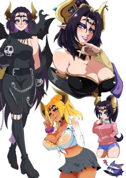 1girl \n/ absurdres amesuku_gyaru animal_print artist_self-insert bare_shoulders belt black_bodysuit black_choker black_hair blonde_hair blue_eyes bodysuit bra bra_peek breasts chain choker cleavage clenched_teeth cosplay crop_top demon_girl demon_horns digimon digimon_(creature) dolphin_shorts dorimon drink_carton drinking_straw drinking_straw_in_mouth eyeshadow facial_mark fingernails forehead_mark front-tie_top ganguro gold_horns gyaru hair_ornament heart heart_choker high_ponytail highres holding holding_pen horns jacket jewelry kogal ladydevimon ladydevimon_(cosplay) large_breasts leopard_print leopard_print_bra lilithmon long_fingernails makeup miniskirt mole mole_under_eye mouth_hold multiple_rings multiple_views open_mouth panty_straps parted_lips pen pink_jacket plaid_clothes plaid_skirt pleated_skirt pointy_ears ponytail print_bra purple_eyeshadow purple_lips ring scrunchie see-through_clothes see-through_hair shirt short_hair shorts skirt skull_print sleeping smile teeth tied_shirt torn_clothes track_jacket underwear w white_shirt wince wrist_scrunchie zaviour zzz