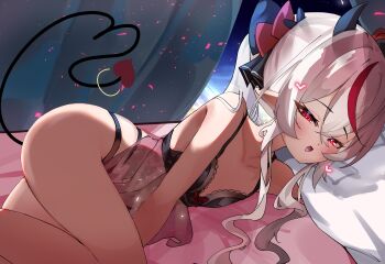 1girl absurdres black_bow black_horns bow collarbone demon_tail hair_bow heart highres horns lingerie lying multicolored_hair negligee on_side open_mouth phase_connect red_eyes red_hair remilia_nephys solo streaked_hair taekaze7 tail underwear virtual_youtuber white_hair