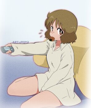 1girl absurdres arm_between_legs artist_name artnpepsi brown_eyes brown_hair controller dress_shirt flying_sweatdrops food food_in_mouth highres holding holding_remote_control long_sleeves nichijou onigiri remote_control sakurai_izumi seiza shadow shirt short_hair sitting thighs white_shirt yellow_pillow