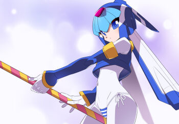 1girl armor bikini bikini_bottom_only blue_armor blue_background blue_bikini blue_eyes blue_helmet commentary_request cowboy_shot fairy_leviathan_(mega_man) fins forehead_jewel head_fins helmet holding holding_polearm holding_weapon kaidou_zx mega_man_(series) mega_man_zero_(series) polearm revision side-tie_bikini_bottom simple_background solo striped_bikini striped_clothes swimsuit weapon white_background white_bikini