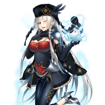 1girl armor bird black_gloves black_hat black_pants black_scarf black_sweater braid braided_sidelocks breasts cleavage crow elbow_gloves fur_hat fur_scarf giuniu gloves gold_necklace grey_hair hand_on_own_chest hat hat_ornament high_heels jewelry large_breasts long_hair morrigan_rufei multicolored_sweater necklace one_eye_closed pants parted_lips pumps red_eyes red_sweater scarf shoes shoulder_armor silver_shoes smile snow_rabbit sweater uchi_no_hime-sama_ga_ichiban_kawaii