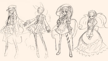 akujiki-san_no_gohan animal_ears ankle_boots apron armband back_bow badge beads big_hair black_gloves black_leggings blunt_bangs boots bow button_badge character_request closed_mouth collared_dress collared_shirt commentary_request concept_art corocoro_comic corset dot_nose dress expressionless eyelashes flame_print fox_ears frilled_skirt frills frown gloves graphite_(medium) hat jacket jitome juliet_sleeves kikuzuma_hiroki kiriko_(akujiki-san_no_gohan) large_bow leggings legs_apart long_dress long_hair long_pointy_ears long_sidelocks long_sleeves looking_at_viewer maid maid_headdress michiru_(akujiki-san_no_gohan) midriff official_art own_hands_together peter_pan_collar pleated_skirt pointy_ears puffy_sleeves sailor_collar sharp_teeth shirt sidelocks sketch skinny skinny_legs skirt sleeve_cuffs smile standing straight_hair tassel teeth traditional_media triangle twintails undershirt very_long_ears very_long_hair wolf_girl yatsufusa_(akujiki-san_no_gohan)