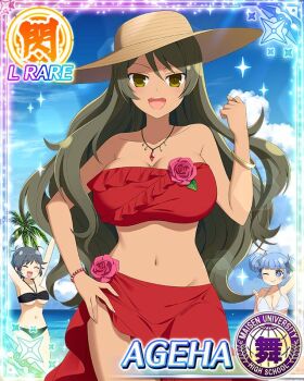 3girls :d ageha_(senran_kagura) arm_up beach bikini bikini_skirt border bracelet breasts brown_eyes brown_hair card_(medium) character_name chiyo_(senran_kagura) cleavage clenched_hand flower game_cg hands_on_own_hips hat jewelry kanon_(senran_kagura) large_breasts long_hair looking_at_viewer multiple_girls navel necklace ocean official_alternate_costume official_art open_mouth pink_flower pink_rose red_bikini red_tube_top rose senran_kagura senran_kagura_new_wave smile solo_focus strapless sun_hat swept_bangs swimsuit tube_top very_long_hair wavy_hair