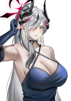 Rule 34 | 1girl, absurdres, alternate breast size (larger), black horns, blue archive, blue dress, blue eyes, blue gloves, breasts, cleavage, closed mouth, collarbone, demon horns, dress, earrings, elbow gloves, erlisa takanashi, gloves, grey hair, hair over one eye, halo, halterneck, highres, horns, jewelry, large breasts, legs, long hair, looking at viewer, makoto (blue archive), multiple horns, official alternate costume, pointy ears, red halo, simple background, sleeveless, sleeveless dress, solo, white background