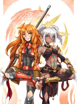 2022 2girls abs absurdres armlet armor bare_shoulders bird black_bodysuit blue_eyes blush body_markings bodysuit borrowed_character braid breasts chain clothing_cutout commission crossover dark-skinned_female dark_elf dark_skin eagle earrings elf engraved engraved_armor expressionless facial_mark fantasy feet fingerless_gloves fingernails foot_focus footsies freckles gem gloves gold_armlet gold_armor gold_chain gold_earrings gold_ring gold_thighlet gold_trim hair_between_eyes hair_ornament hair_scrunchie hand_on_another's_arm hand_on_another's_waist highres hip_vent holding holding_polearm holding_sword holding_weapon interlocked_toes jewelry knee_cutout les_chevaucheurs lettanya lettanya_(maxa') light_blush logo long_bangs long_eyelashes long_hair looking_at_another markings maxa' messy_hair midriff multiple_girls multiple_scars muscular muscular_female navel no_shoes non-web_source orange_gem orange_hair original phenice_walholl pointy_ears polearm red_armor red_gem red_hair red_trim revealing_clothes scar scar_on_face scar_on_knee scar_on_leg scar_on_nose scar_on_stomach scars_all_over scrunchie second-party_source shiny_skin signature small_breasts smile soles soles_together sparkling_eyes spear stirrup_legwear sword tan tassel thighlet toe_ring toeless_legwear toenails toes toned toned_female too_many twin_braids twintails weapon white_background white_hair yellow_eyes